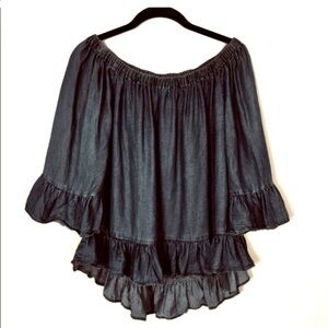 Jane and Delancey Blue Denim Chambray Ruffle Flowy Off Shoulder Boho Top Sz L